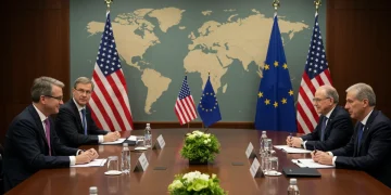 US and EU flags symbolizing strong transatlantic partnership in a conference setting