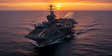 US Navy aircraft carrier at sunset, symbolizing urgent military posture decisions during regional conflicts.