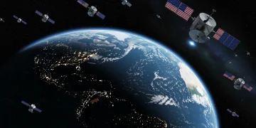 Orbital view of Earth with US satellites, symbolizing space dominance and strategic control.