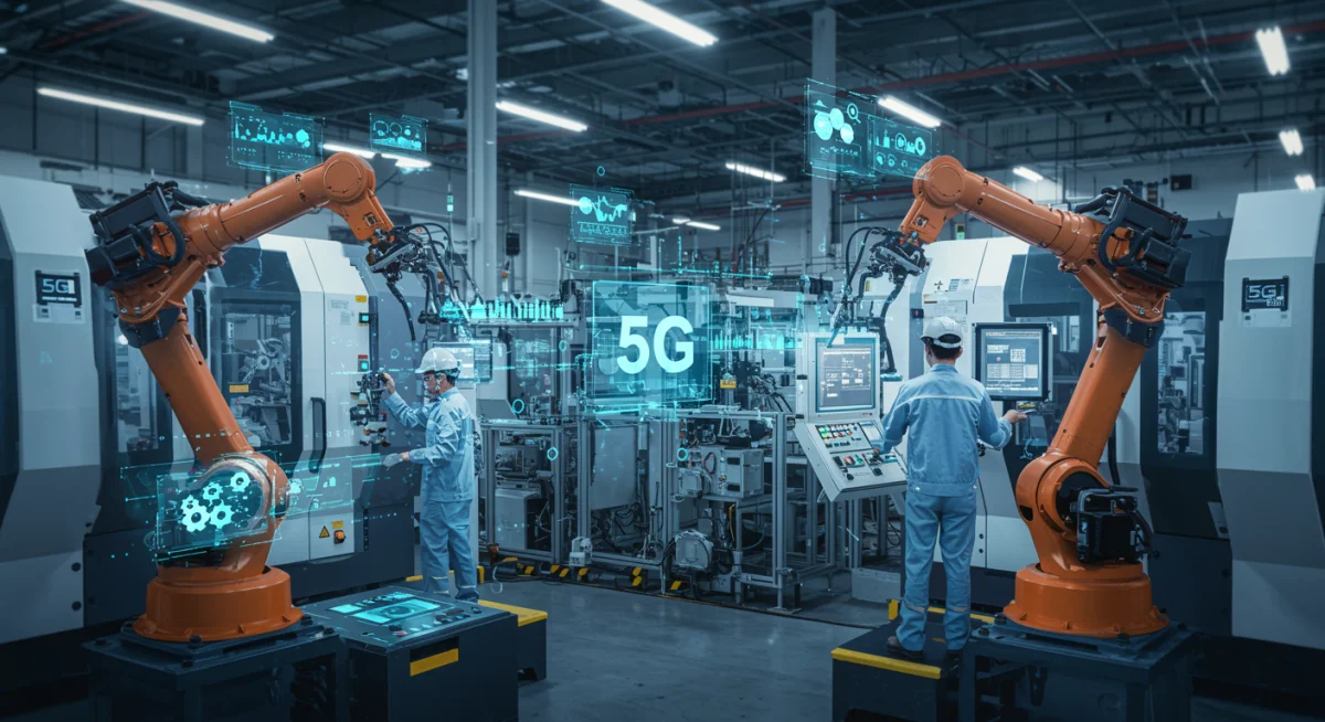 Automated factory floor with robots and humans, connected by 5G, demonstrating industrial IoT and smart manufacturing.