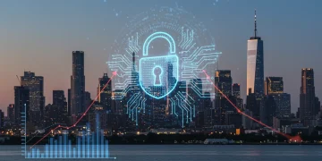 Digital lock with AI algorithms protecting financial assets, lower cyber insurance premiums