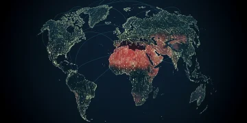 Digital globe with binary code representing cyber warfare threats to U.S. national security in 2026.