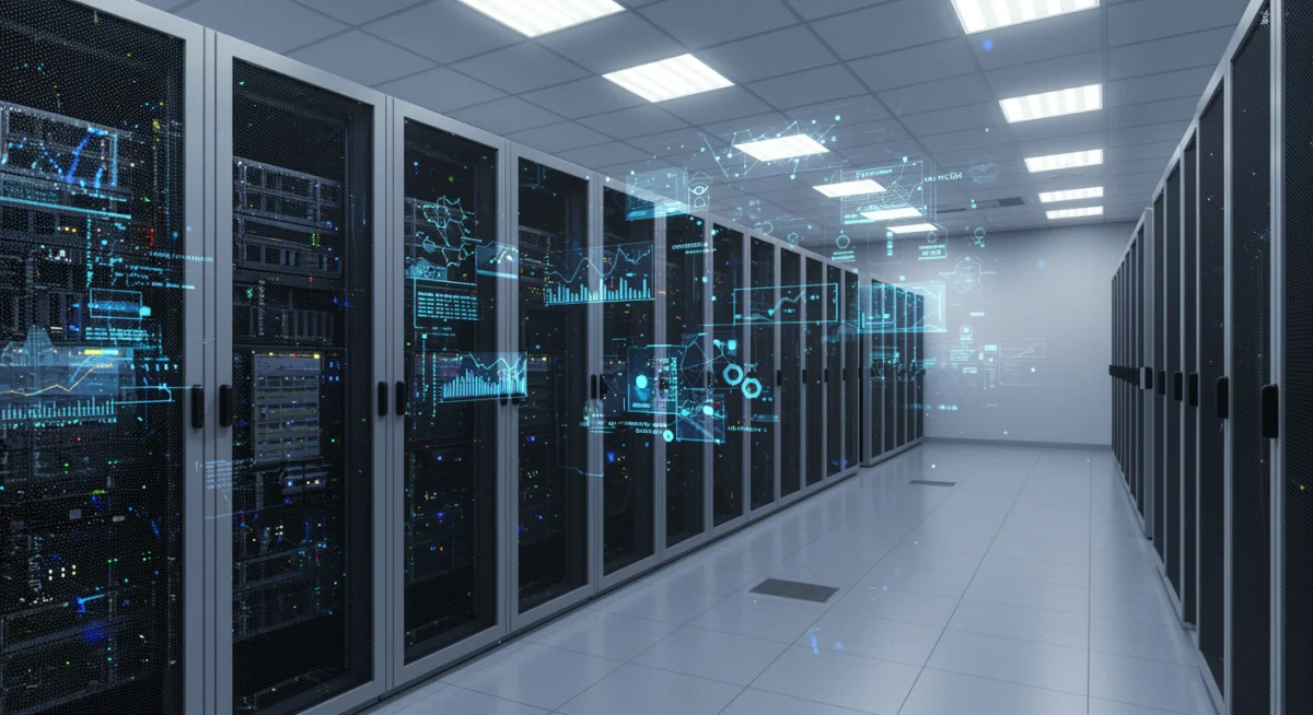 Enterprise server room with holographic quantum data visualizations