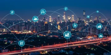 Futuristic city with glowing 5G network lines, smart factory, and connected vehicles, symbolizing advanced 5G applications for business.