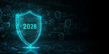 Futuristic digital shield protecting data from cyber threats in 2026 with AI