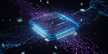 Quantum computing chip with glowing circuits representing advanced data processing