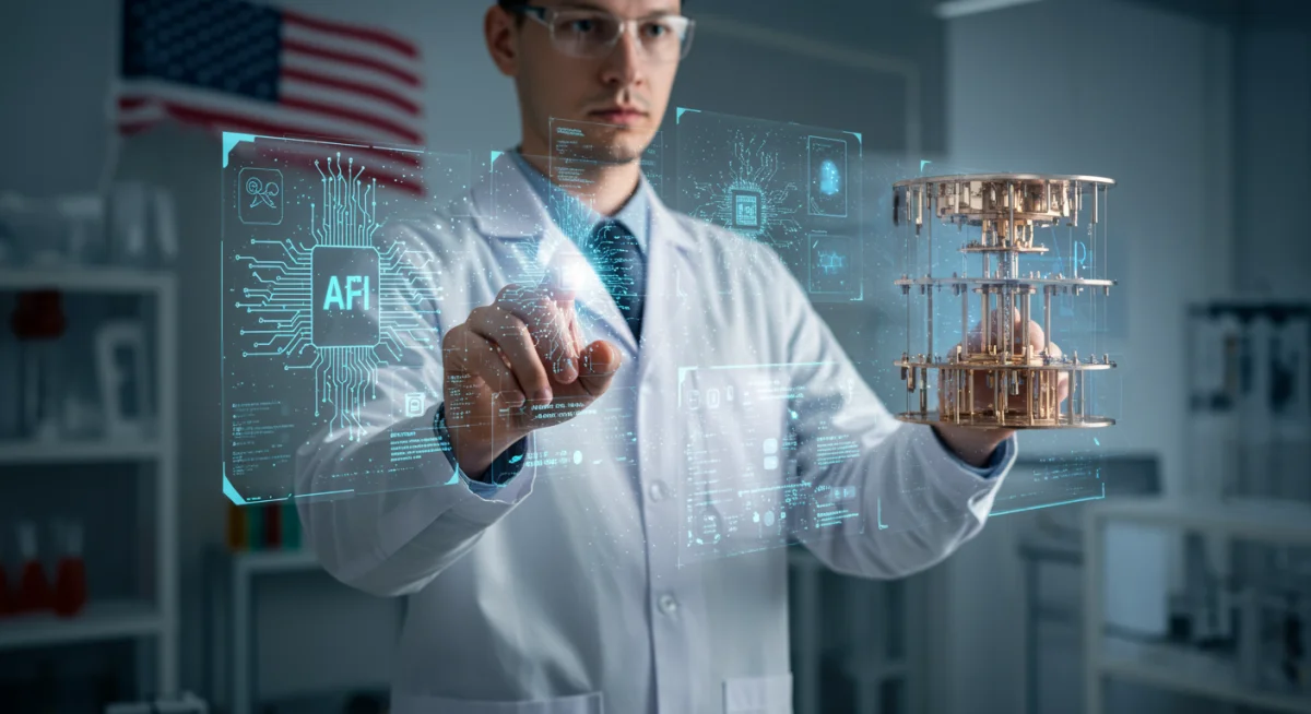 Scientist working with AI and quantum computing displays.