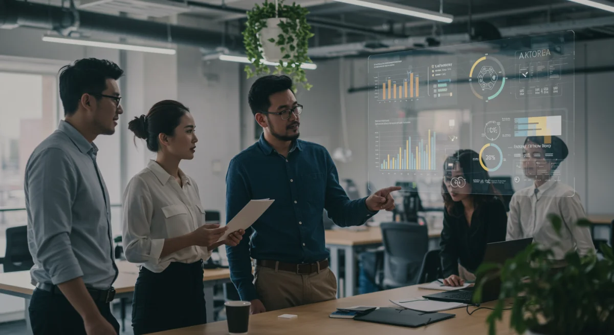 Business professionals analyzing energy consumption data in an eco-friendly office