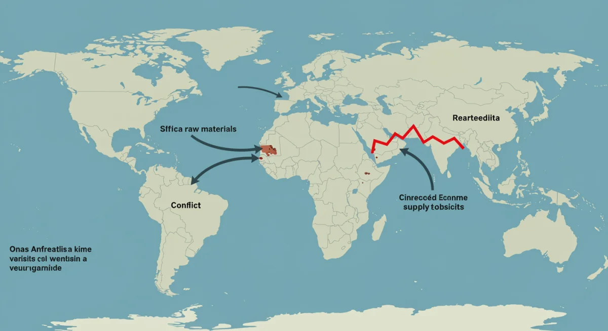 Infographic depicting global supply chain disruption originating from African conflicts impacting major economies.