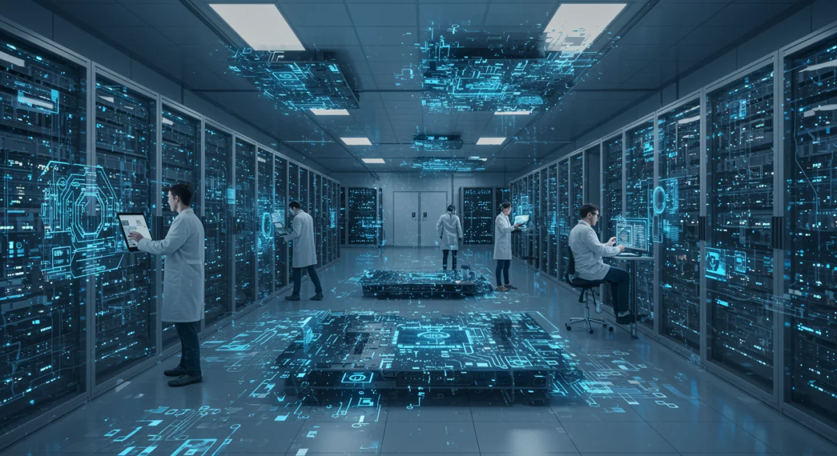 Scientists and engineers working in a futuristic lab, symbolizing technological innovation and leadership.